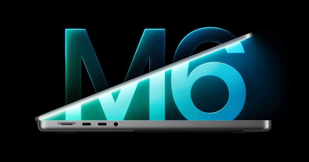 Apple's new 14-inch M6 MacBook Pro, half open, in front of a glowing M6 chip name
