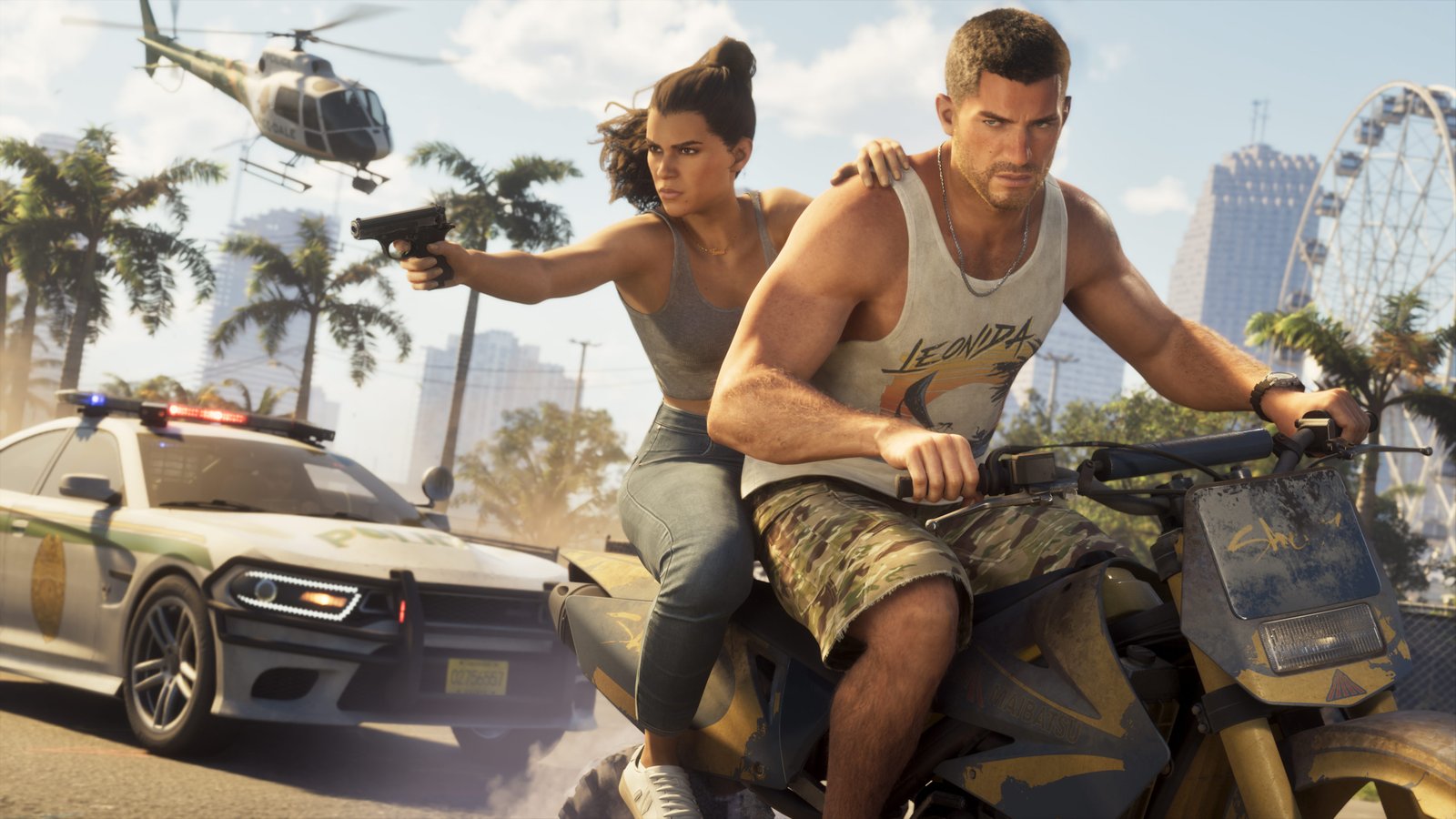 GTA 6 leads Jason and Lucia escaping on a dirt bike as a police car and helicopter chase them through Vice City