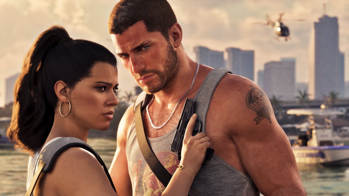 Lucia holding a pistol against Jason's chest on a Vice City waterfront in GTA 6, with a police boat and helicopter behind them