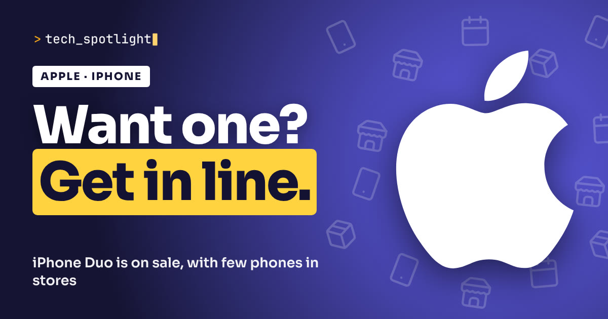 TechSpotlight poster in Apple colours with the Apple logo and the words 'Want one? Get in line.'