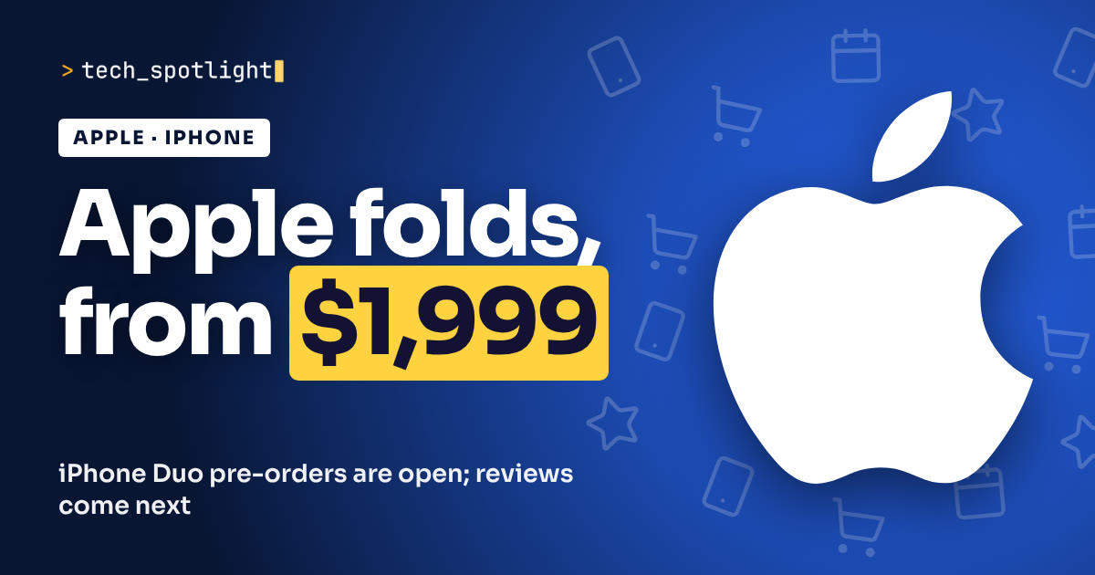 TechSpotlight poster in Apple colours with the Apple logo and the words 'Apple folds, from $1,999'