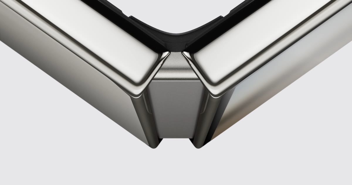 Close-up of the iPhone Duo's metal hinge, half folded, from Apple's launch images