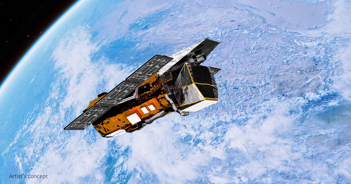NASA illustration of the Swift observatory, gold and black with solar panels, orbiting above a cloudy Earth