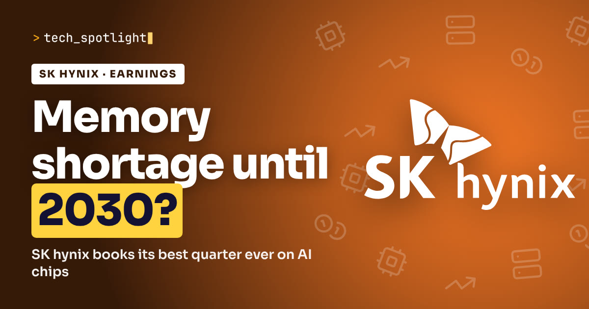 Poster in SK hynix orange with the SK hynix logo and the words 'Memory shortage until 2030?'