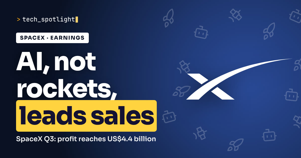 TechSpotlight poster in SpaceX colours with the SpaceX logo and the words 'AI, not rockets, leads sales'