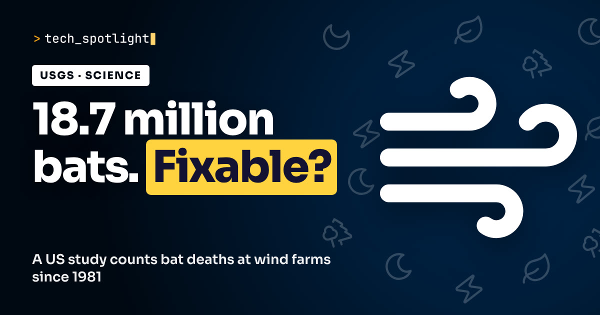 Poster in deep blue with a wind symbol and the words '18.7 million bats. Fixable?'